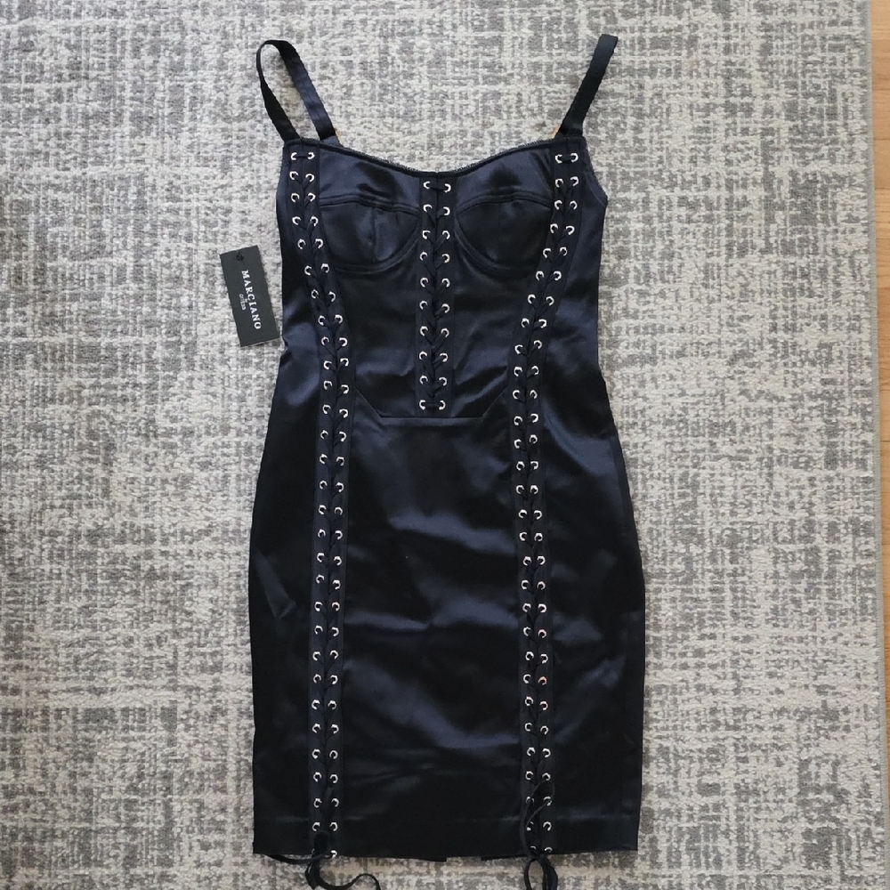 Marciano Black Satin Lace-Up Bodycon Mini Dress